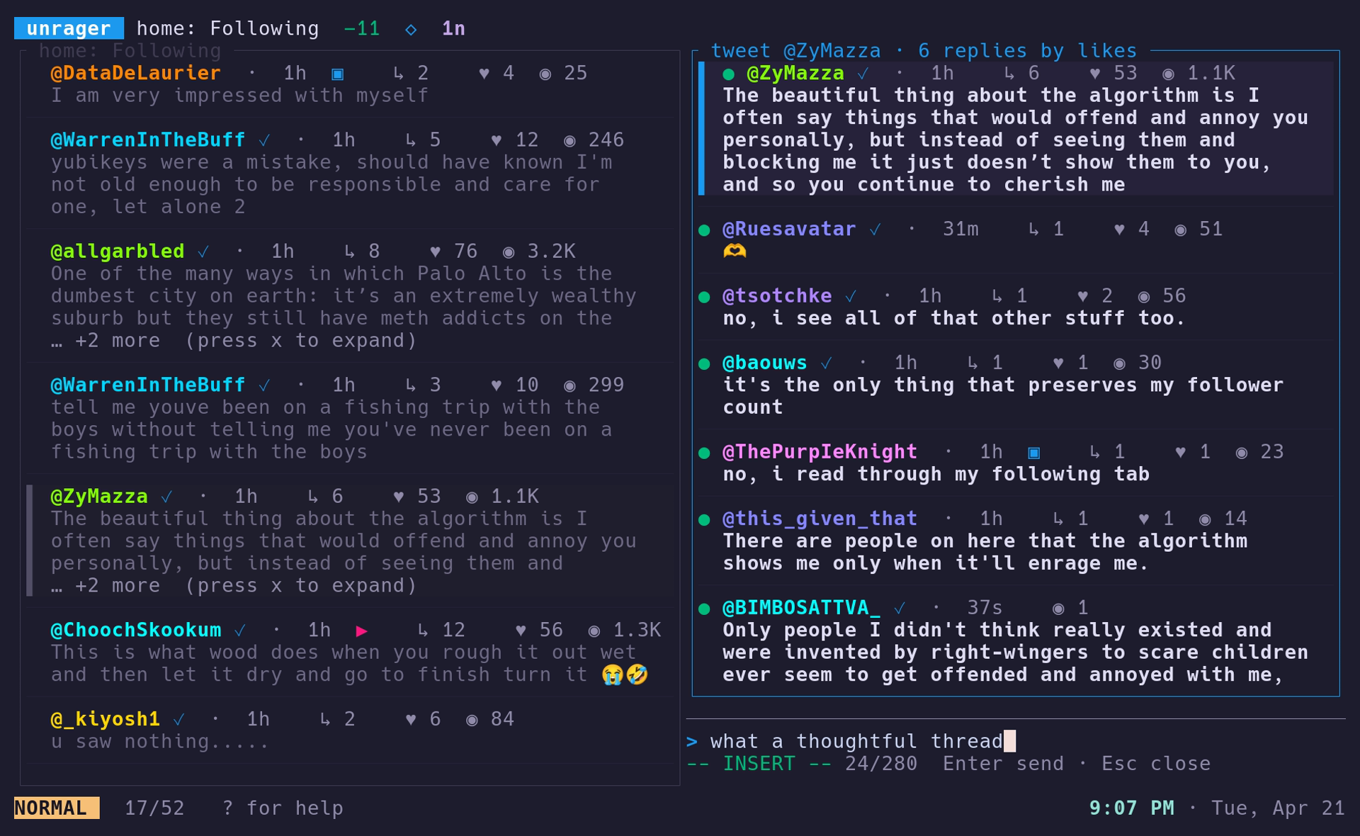 reply composer with Vim INSERT mode and char counter