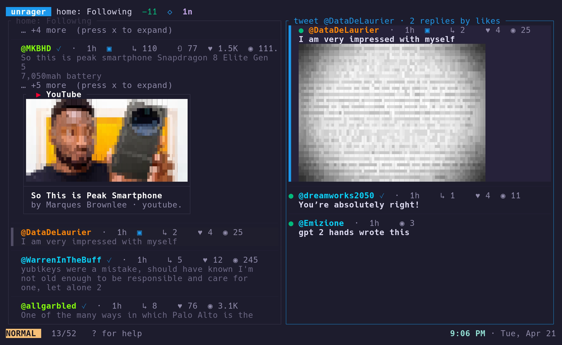 split-pane showing a tweet with replies