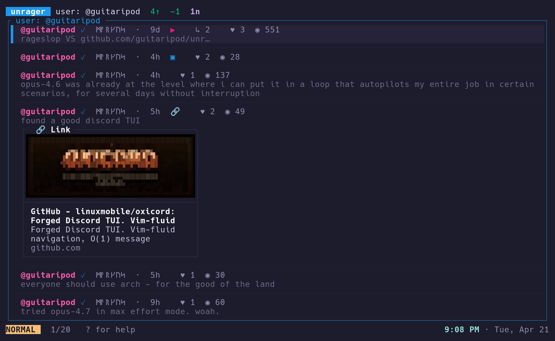 user profile with tweets and metrics